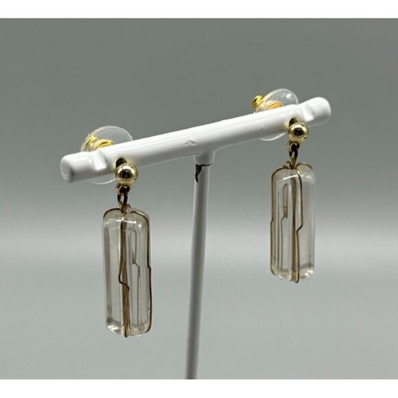3/$30 Vintage Earrings Gold Clear Acrylic Pillar Dangle Pierced Mod Retro 1.25" - Picture 1 of 9